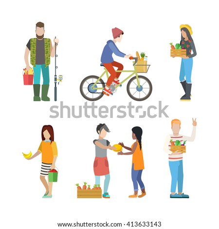 Outdoor farm countryside activity young people flat web infographic concept vector icon set. Fisherman greengrocery cycling farm market product seller customer buyer. Creative people collection.