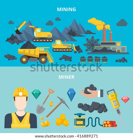 Mining industry heavy machinery automobile wheeled tracked transport miner equipment tool web site banner hero image set. Flat style modern vector illustration.
