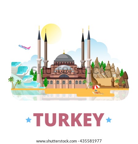 Turkey country design template. Flat cartoon style historic sight showplace web site vector illustration. World travel sightseeing Asia Asian collection. Pamukkale Cappadocia Hagia Sophia in Istanbul.