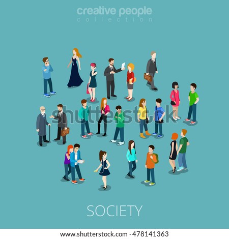 Isometric flat people crowd vector illustration. Different teens and adults stand, talk, call phone and listen to music. Society members, social network 3d isometry concept.