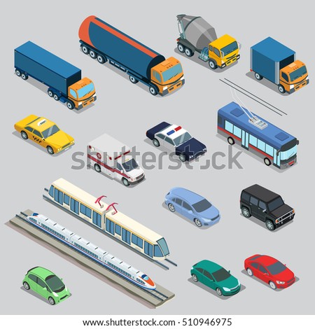 Isometric flat vehicle, railway, flying, passenger and cargo transport vector illustration set. 3d Isometry City service and specialized transportation collection.