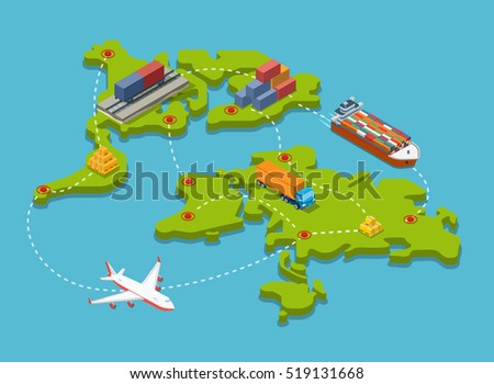 Flat isometric Train carriage, Trucks, Plane, Barge with cargo; transport connection and destination points on world map vector illustration. 3d isometry Transportation, Shipping, Delivery concept.