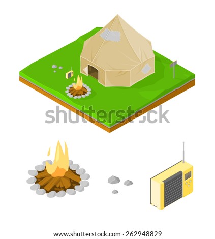 A vector illustration of an isometric camping site with fire and radio.Isometric camping site.Camping tent on grass land with fire A vector illustration of an isometric camping site with fire and radio.Isometric camping site.Camping tent on grass land with fire