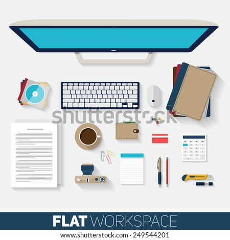 Flat design vector illustration of office workspace. Top view of desk background with computer, office objects, notebooks and documents with long shadows