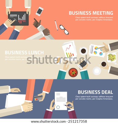 Flat design concept for business meeting, lunch, deal. Vector illustration for web banners and promotional materials