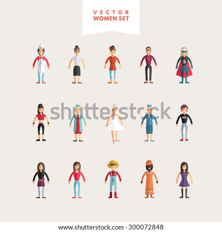 Set of Flat Design Professional People Characters. Women Set. Cook, Teacher, Superwoman, Doctor, Dancer, Rocker, Waitress, Farmer