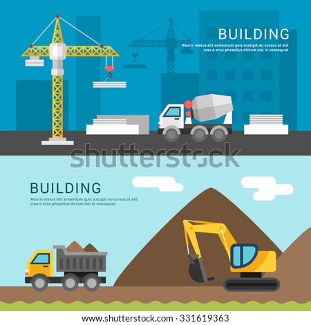 Building Concept. Crane and Cement Mixers. Dump Truck and Excavator. Vector Illustration in Flat Design Style for Web Banners or Promotional Materials