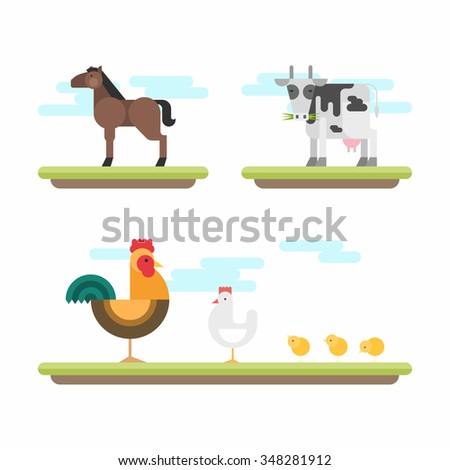 Set of Cute Flat Style Vector Illustrations. Farm Animals. Horse, Cow, Chicken, Rooster, Chickens