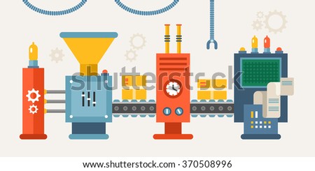 Conveyor System with Manipulators. Flat Style Vector illustration