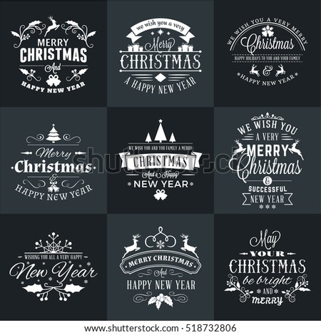 Set of Merry Christmas and Happy New Year Decorative Badges for Greetings Cards or Invitations. Vector Illustration in White and Black Colors
