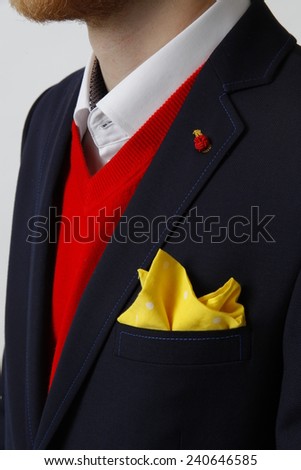 man in suit, suit, red sweater, suit with pocket square