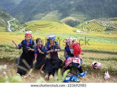 Mu Cang Chai, Viet Nam - Sep 27, 2014: Unidentified H\'mong women sewing clothes in  Mu Cang Chai, Yen Bai, Vietnam. H\'mong are the 8th largest ethnic group in Vietnam.