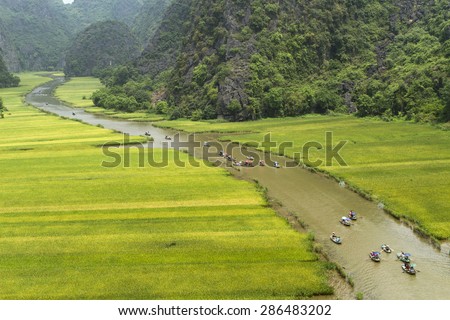 Ninh Binh, Viet Nam - May 17, 2015: Rice field and river \