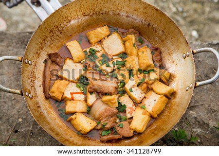 Mapo Tofu - Tofu and minced pork cooked with chili bean paste, fermented black beans, chili oil and peppers, garnished with spring onions.