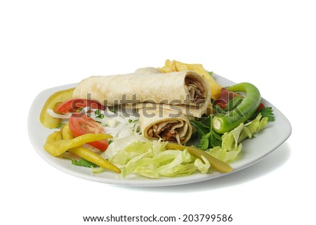 Turkish traditional wrapped chicken donner kebab. Clipping path inside.