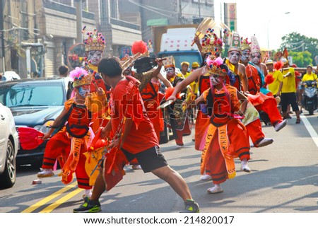 Miaoli,TAIWAN - August 31 : The folk-custom acrobatics in the temple fair of township on August 31, 2014 in Miaoli Miaoli, Taiwan. The fair held annually on Chinese lunar date of August.