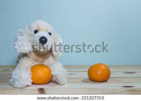 toy dog doll with fruit on wooden table on