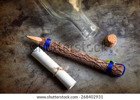 message in a bottle, written message on paper for put in the glass bottle over grunge background.