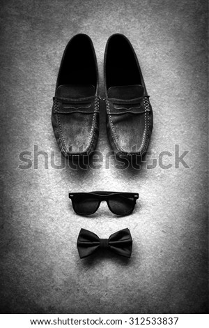 Men's casual, shoes with sunglasses and bow tie, black and white