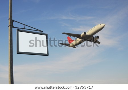 blue sky, taking off a plane and signboard for your notes and promotions