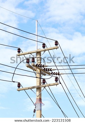 telephone utility poles, cables, streetlights, and clear blue sky background