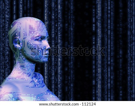 A rendering of a female with a computer circuit texture, in blue.  Matrix style background.