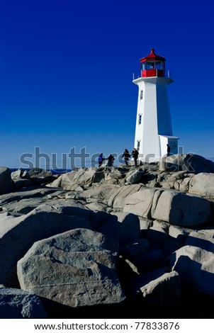 A lighthouse on a rock shore with a bright blue sky and a rocky foreground with people walking toward the lighthouse.
