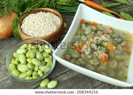 Traditional fava bean soup made with garden vegetables, lac St-Jean, Quebec, Canada