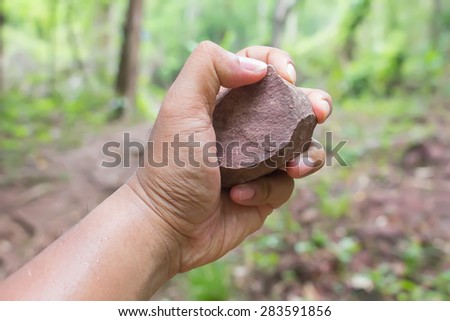 Hand holding stone in nature