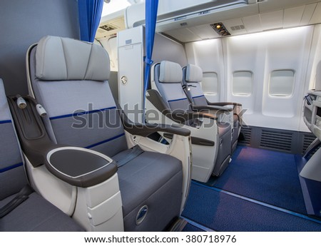 Airplane cabin business class interior view