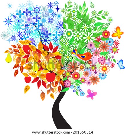 Seasons Tree, Spring, Fall, Winter, and Summer Tree, Tree Vector, Flower Vector