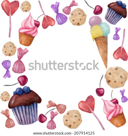 Watercolor sweets and candy round frame in vector Watercolor sweets and candy round frame in vector