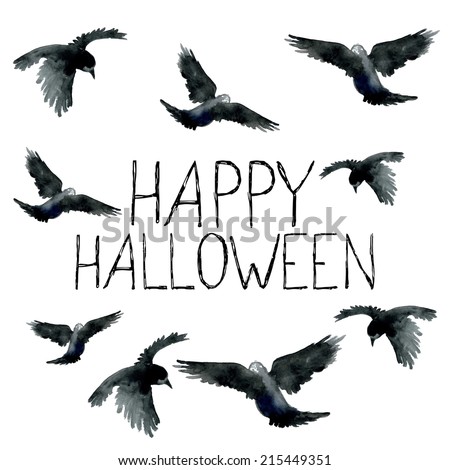 Watercolor ravens Halloween card Vector design Watercolor ravens Halloween card Vector design