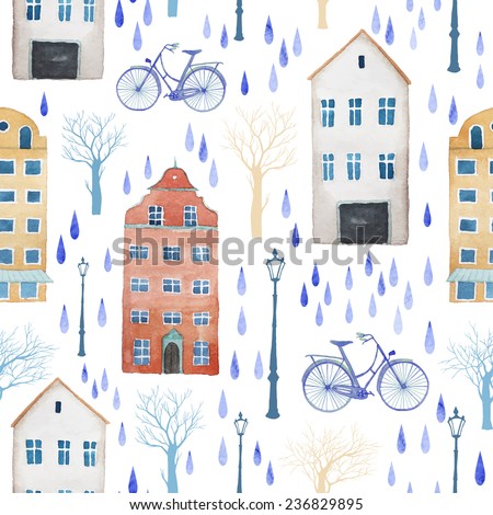 Watercolor rainy city of Europe pattern Seamless texture with buildings trees lamps and rain drops White background Watercolor rainy city of Europe pattern Seamless texture with buildings trees lamps and rain drops White background