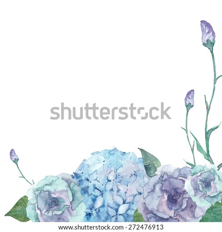 Watercolor floral background. Vector frame with hand drawn hydrangea, lisiantus flowers and leaves. Romantic card design