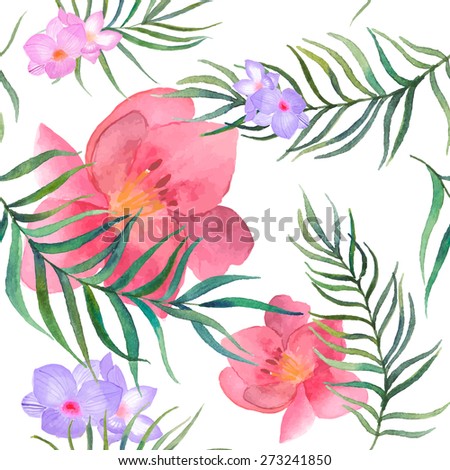 Watercolor exotic flowers and palm tree leaves pattern. Seamless texture with hibiscus, freesia flower, tropic plants elements on white background. Summer hand drawn wallpaper in vector