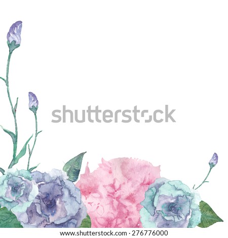 Watercolor floral background. Vector frame with hand drawn pink hydrangea, purple lisiantus flowers and leaves. Romantic card design