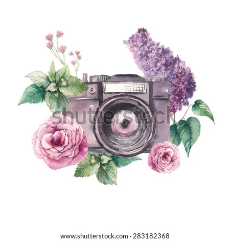 Watercolor photo label. Hand drawn photo camera surrounded by various flowers: roses, lilac, leaves and branches. Vector illustrations collage