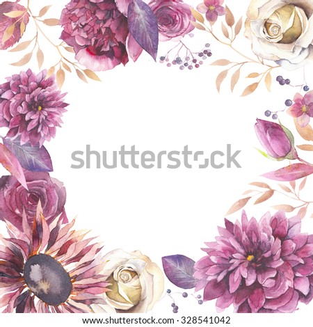 Watercolor vintage floral frame. Greeting card background with flowers, branches, leaves: peony, rose, dahlia,hellebore isolated on white background. Artistic natural design