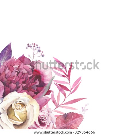 Watercolor vintage floral frame. Greeting card background with flowers and leaves bouquet in corner isolated on white background. Artistic natural design with magenta peony, pastel roses and branches