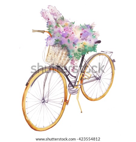 Watercolor bicycle with flowers bouquet. Hand painted transport object with floral decor isolated on white background.