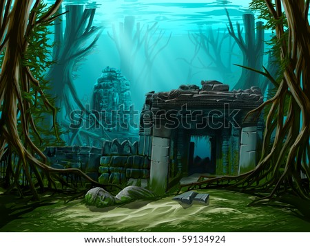 Ancient town ruins. Underwater background.