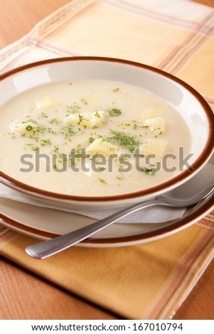Homemade soup of sauerkraut, cream and potatoes