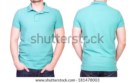 Cyan polo shirt on a young man template on white background