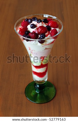 Fresh mixed ice cream with blueberries and strawberries