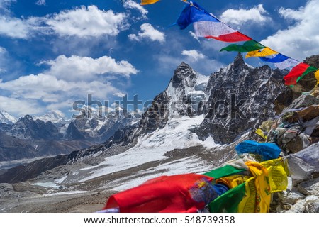 Prayer flag on top of Renjo la pass, Everest region, Nepal, Asia