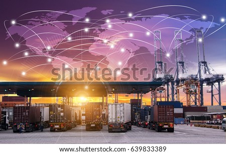 Business Logistics concept, Global network coverage world map,Truck with Industrial Container Cargo for Logistic Import Export at yard