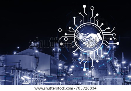 Industry 4.0 concept image. industrial instruments in the factory with cyber and physical system icons ,Internet of things network,smart factory solution