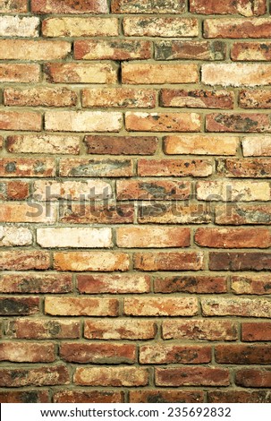 Vertical view of a wall made of bricks. Traditional material. Grunge background of brick wall texture