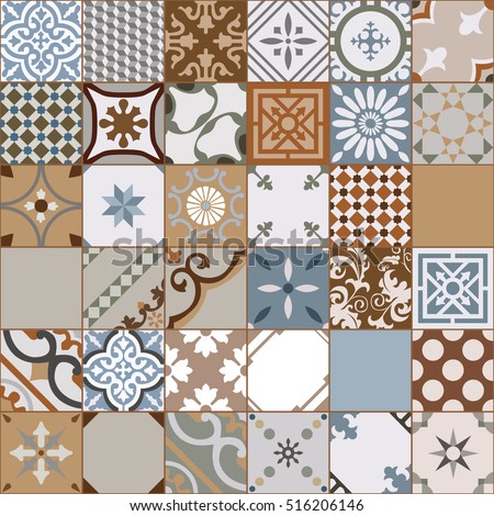 Vintage tiles intricate details for a decorative look. Seamless vector. Ceramic paint floor, ornament Collection Patchwork Pattern Colorful Painted tin Illustration background Pattern. Stamford